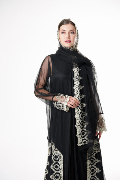 Black Tulle with Gold lace