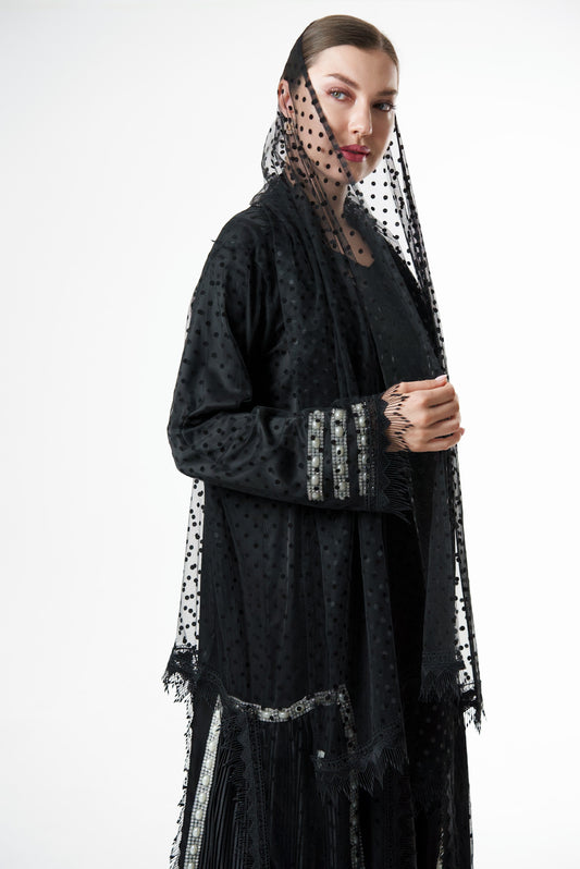 Tulle abaya with pearl trim